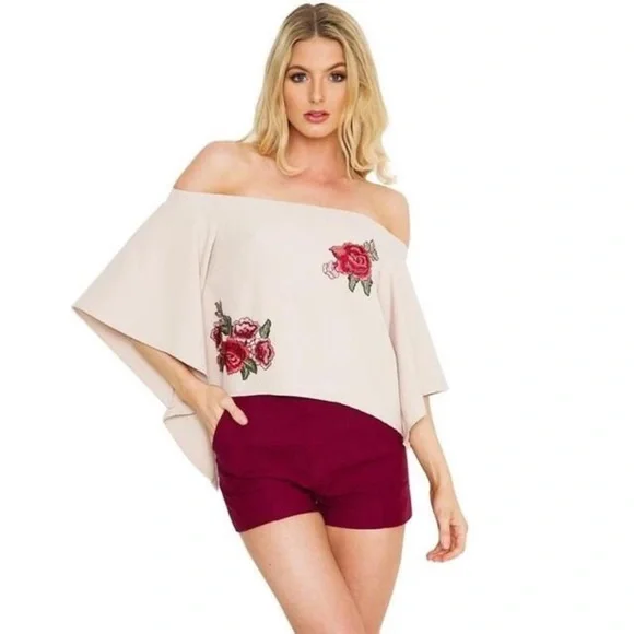 Off Shoulder Split Back Ruffled Sleeve Rose Floral Embroidered Blouse - Picture 8 of 8